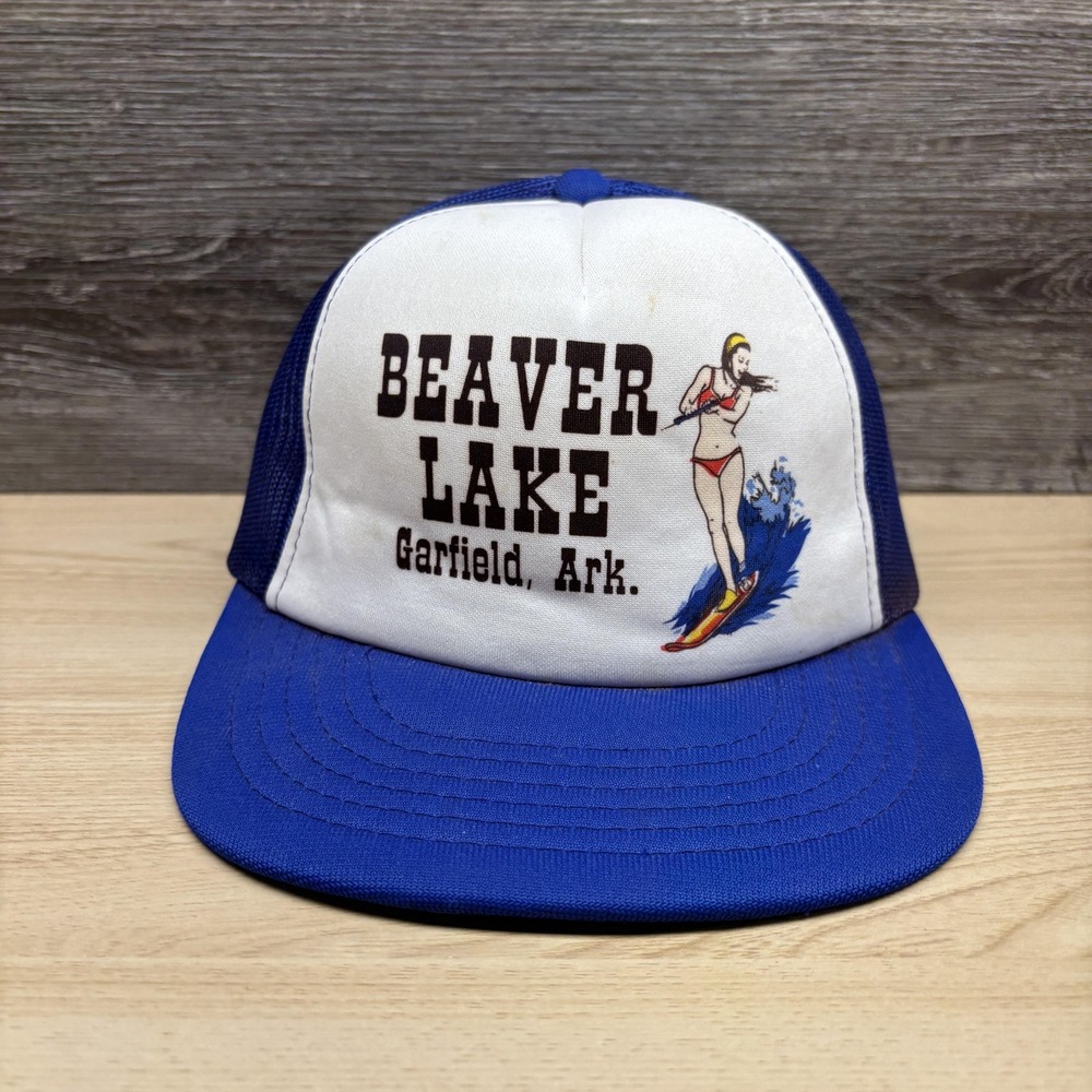 Vintage Beaver Lake Hat Cap Snap Back Blue Mesh Trucker Garfield Ark Mens 80s